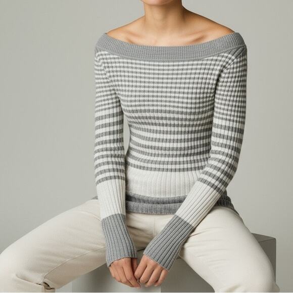 Y2K Its About Time Scoop Neck Ribbed Stripe Sweater White Gray Women’s Medium - Picture 1 of 16